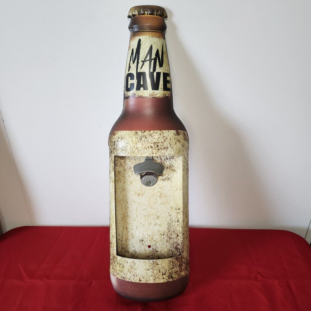 MAN CAVE Wall Mounted Metal Beer Bottle Opener & Cap Catcher 24" Rustic Decor